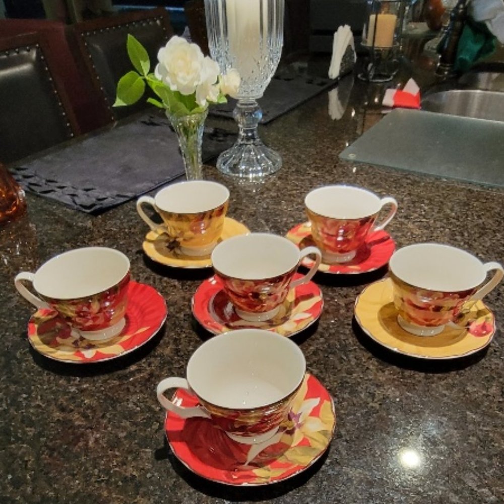 222 Fifth Pts International Belize Porcelain Hummingbird Cup & Saucer 6 pcs.